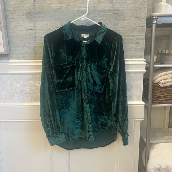 Medium Anthropologie pilcro Hadley relaxed dark green velvet button down shirt - Picture 7 of 15